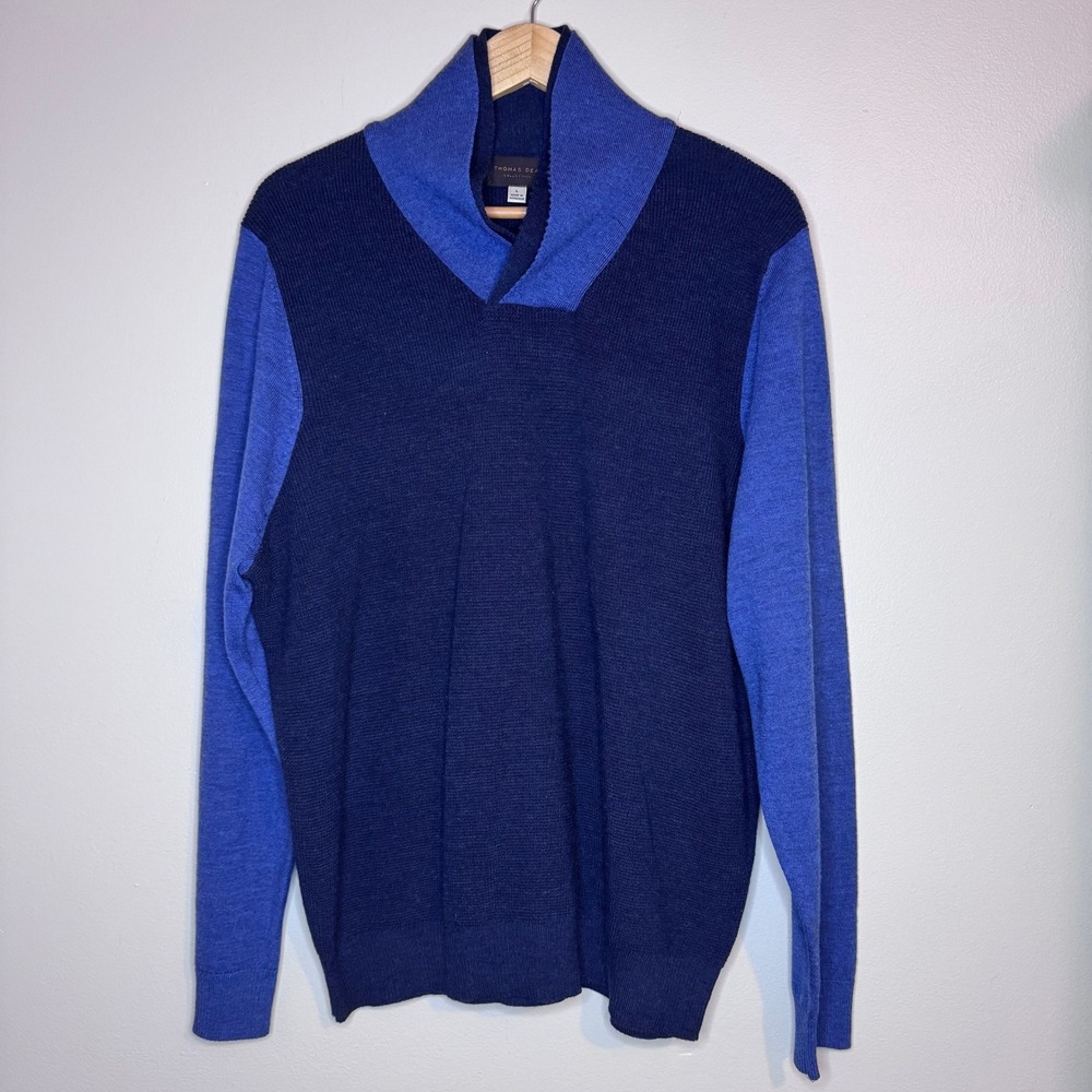 Thomas‎ Dean Merino Wool Sweater Shawl Collar Blue Colorblock